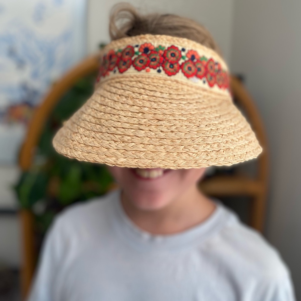 NATURAL LIFE tan straw visor with red floral  embroidery and green accents